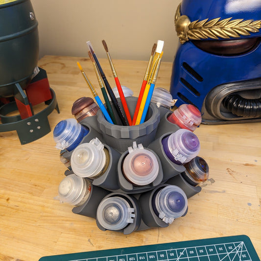 Organizer for Citadel 32mm Paint Pots - 16 Slot, | Spinning Paint Carousel and Brush Holder