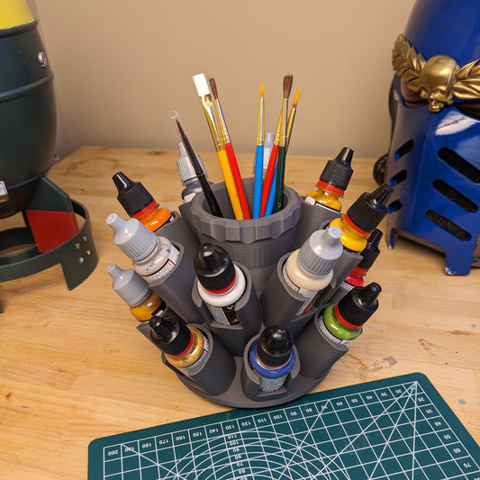 Organizer for Vallejo 25mm Paint - 16 Slot | Spinning Paint Carousel and Brush Holder